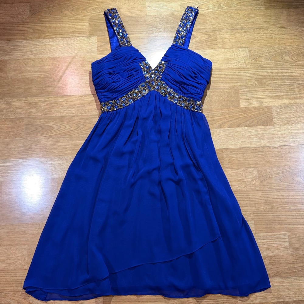 Cache Blue Beaded Chiffon Cocktail Dress Womens 4 Ruched Prom Formal Evening